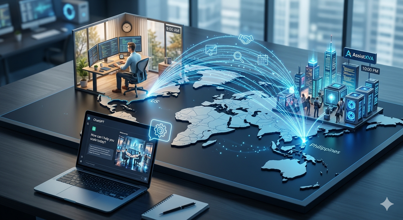 A global talent map showing the connection between US small businesses and AI-enhanced remote staffing solutions in the Philippines.