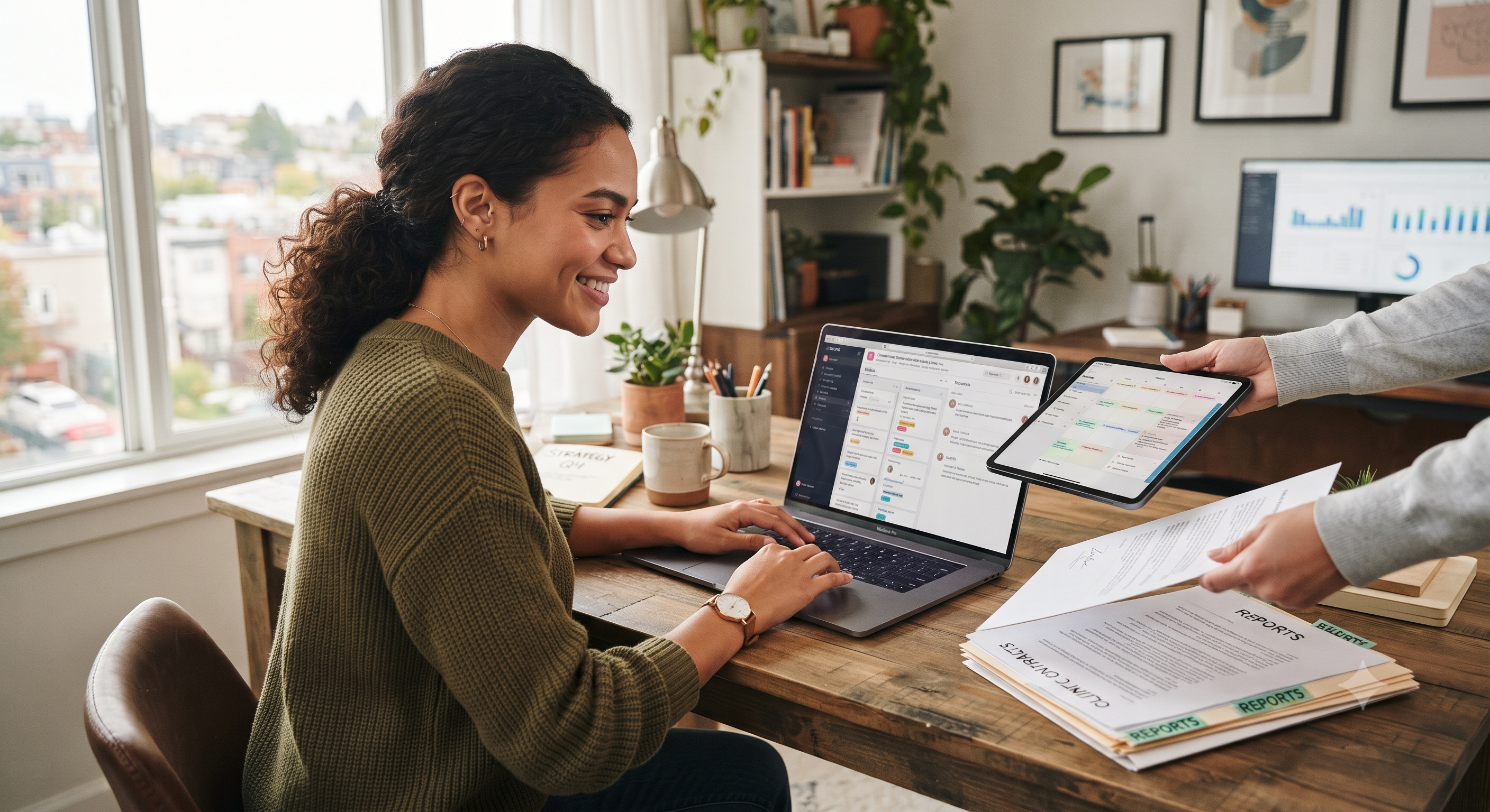 A focused solo entrepreneur working on a laptop, a virtual assistant's hand reaching in from the side, offering support with documents and a calendar, symbolizing streamlined tasks and collaborative growth. The scene emphasizes productivity and reduced ov