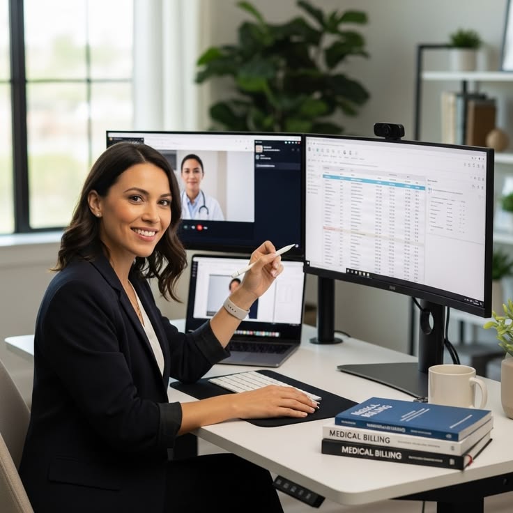 A medical virtual assistant securely handling digital patient records on a laptop, demonstrating HIPAA compliance in a professional, remote healthcare setting.