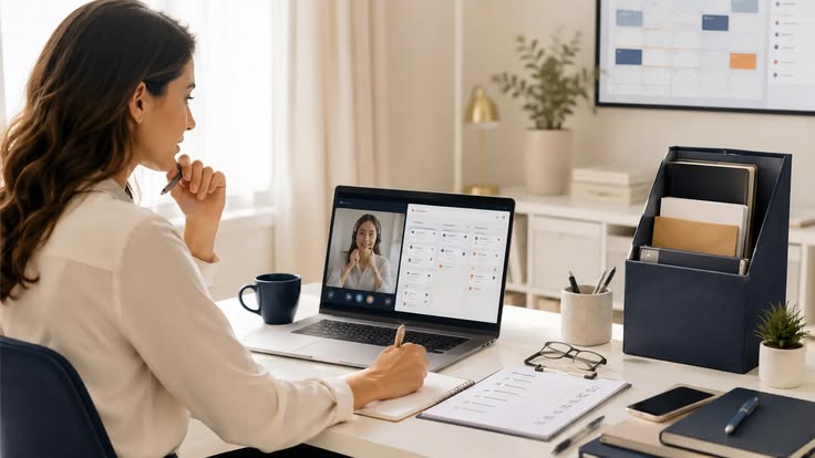 Professional virtual assistant working remotely on a laptop, surrounded by business graphs and a cityscape, symbolizing business growth without physical office expansion.