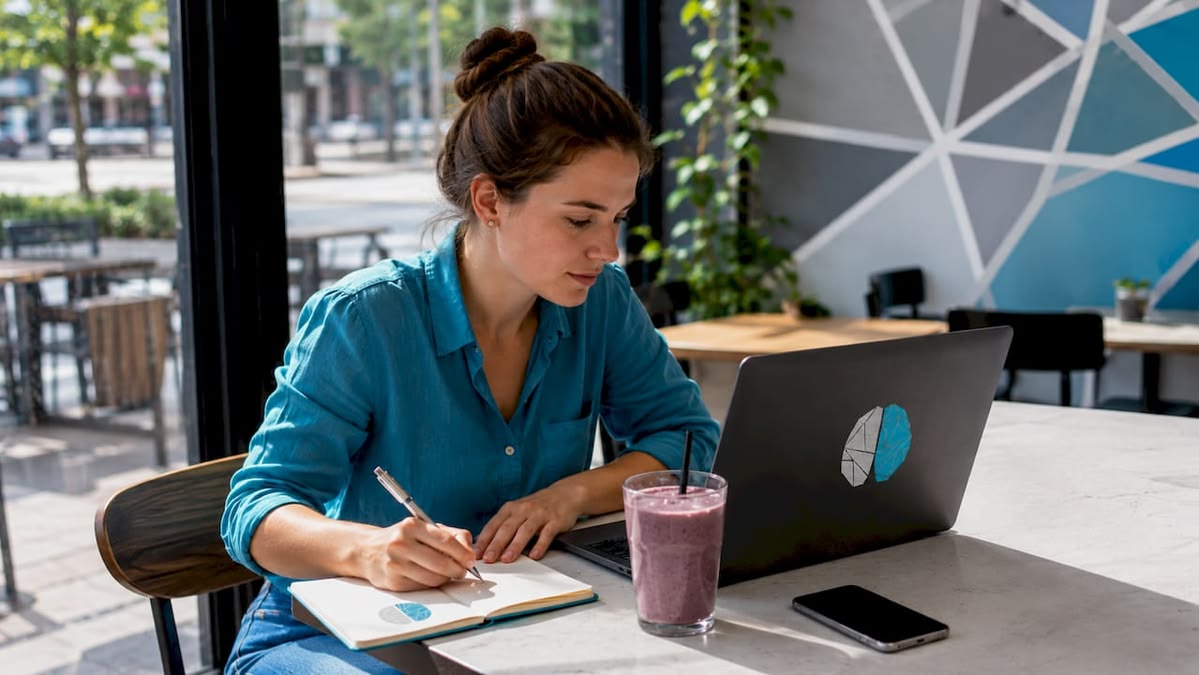 A small business owner smiling confidently while a diverse team of virtual assistants work efficiently on laptops and tablets, symbolizing seamless growth and productivity.